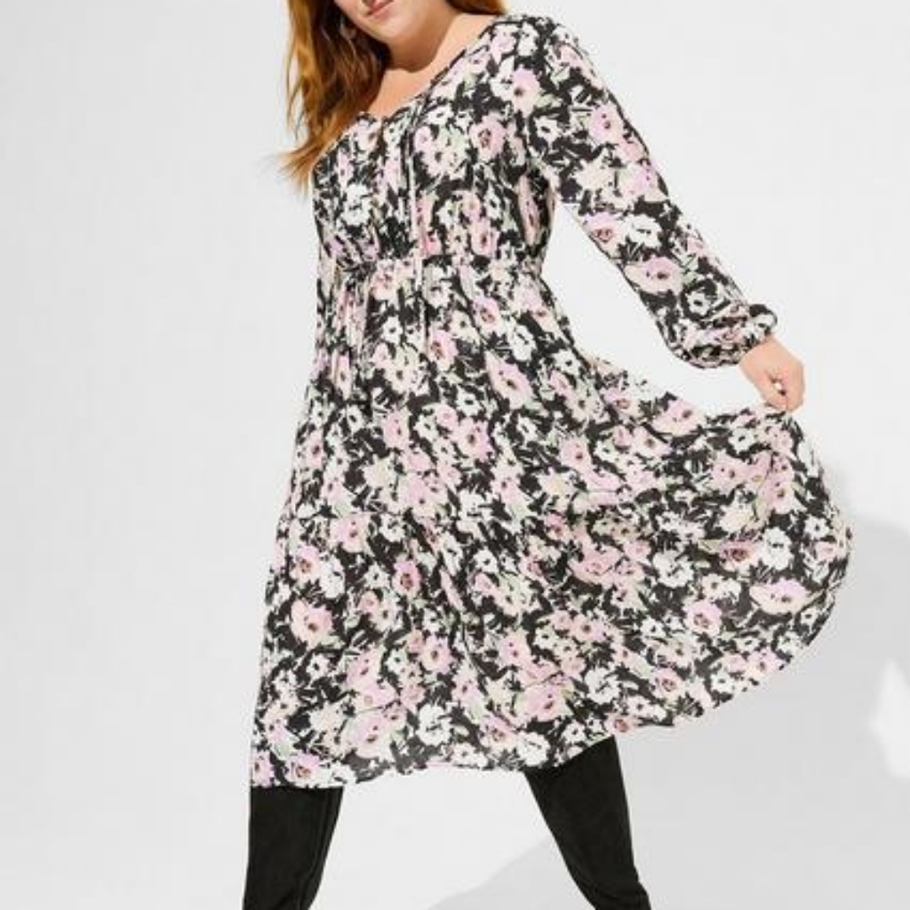 Torrid plus floral swiss dot long sleeves tiered midi dress, 3XL, black - Picture 1 of 12